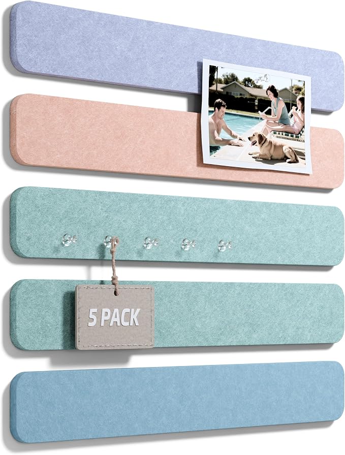 Fluxynara 13" x 2" Felt Wall Panels, Coastal Haze | 5-Pack Cork Board Alternative with 35 Push Pins, Adhesive Mounting for Bedroom Door or Home Office