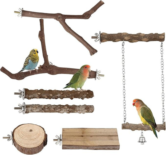 7PCS Bird Perches, Natural Wood Parrot Perch Stand, Bird Perch Chewing Stick Cage Accessories Hanging Multi-Branch Perch Platform Swing Toy for Parakeets, Cockatiels, Small Medium Birds