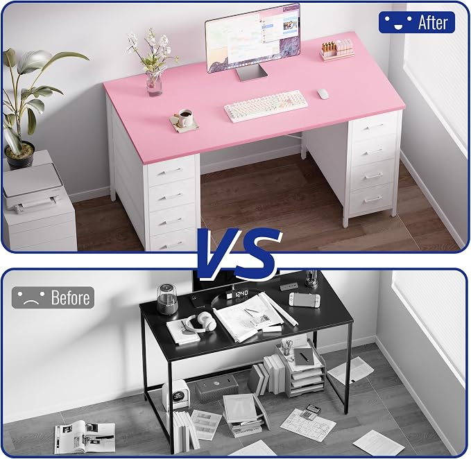Pamray 47 Inch Computer Desk with 8 Fabric Drawers for Home Office Work | Ample Storage, Space-Saving, Suitable for Home Office Bedrooms Dorm Living Rooms for Study, Writing, Work
