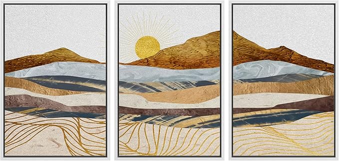 wall26 Framed Canvas Print Wall Art Set Gold Wave Geometric Mountain Range Nature Wilderness Illustrations Modern Art Decorative Landscape Zen for Living Room, Bedroom, Office - 16"x24"x3 White
