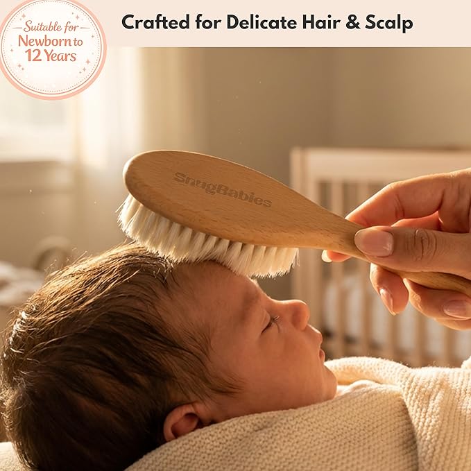 Baby Hair Brush & Comb Set for Newborns - Gentle Goat-Hair & Bamboo Bristle Hairbrushes with Easy Grip Wooden Handles - 5-Pack Baby Brush Set with a Cotton Travel Pouch - Gifts for Boys & Girls