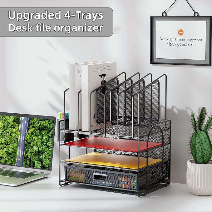 Marbrasse Desk Organizers, 4-Tier Mesh Desk File Organizer with 5 Vertical File Holders and 2 Pen Holders, Multifunction Desktop Organizer,Desk Organizers and Accessories for Home Office (Gray)