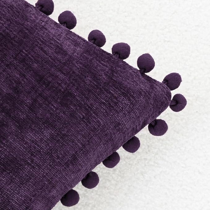 CaliTime Decorative Couch Throw Pillow Covers 20 X 20 Inches Plum Purple | Pack of 2, Cozy Chenille Cushion Cases, with Pom Poms for Sofa Bed Living Room Farmhouse Home