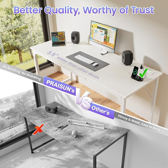 PRAISUN 63 X 24 Inch Computer Desk, Power Outlets, USB-C, White | Office Desk with 4 AC Outlets, USB & USB-C, Sturdy Metal Frame, Spacious Desktop for Work, Writing, Study & Gaming