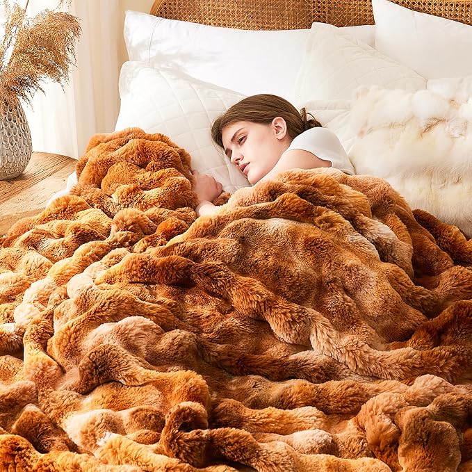 L'AGRATY Faux Fur Throw Blanket for Couch, 90''x90'' Tie-Dye Caramel Brown | Soft Cozy Bubble Fluffy Blanket for Sofa Bed, Thick Warm Plush Fuzzy Throw for Room Home Decor, Luxury Gift for Women Mom