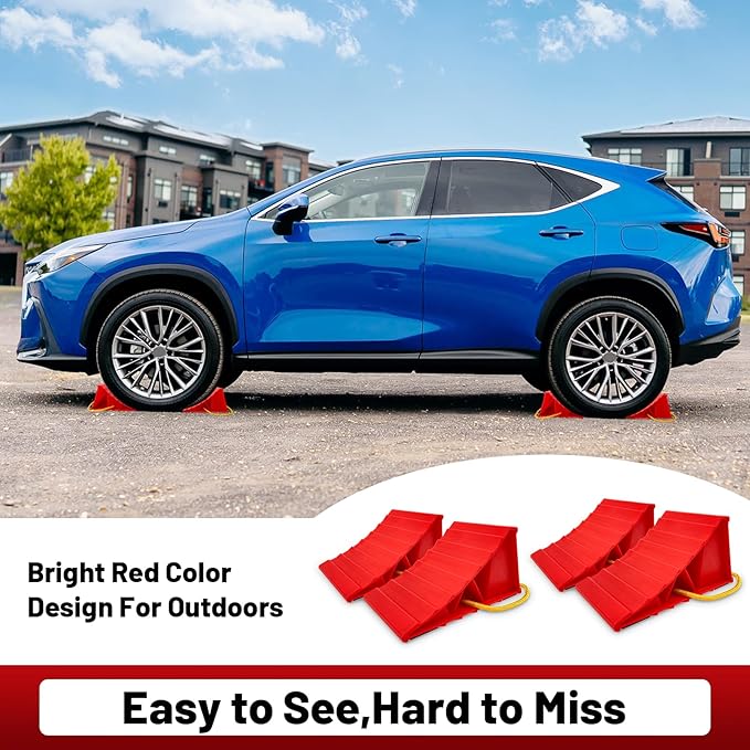 HOXWELL 2 Pair Wheel Chocks for Travel Trailers, Non Slip Heavy Duty Red Wheel Chock with Rope, Lightweight Wheel Stoppers for Cars Campers Trucks RVs, Easy to Carry & Suitable for Most Tyre Sizes