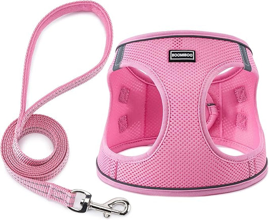 BOOMIBOO Dog Harness with Leash Set, No Pull Adjustable Reflective Step-in Puppy Pet Vest Harnesses for Small Medium Large Dogs and Cats,Pink XS