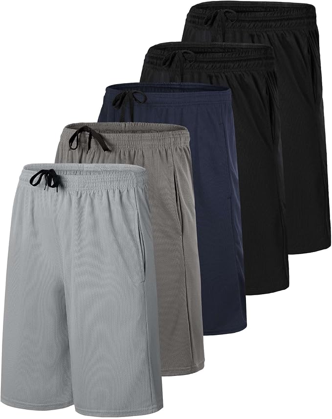 5 Pack Men's Mesh Shorts Athletic Basketball Sports Gym Workout Pockets | Cooling Moisture-Wicking, 9", Long, Quick-Dry, Breathable, Elastic Drawstring Waistband. Running, Exercise, Soccer, Training.