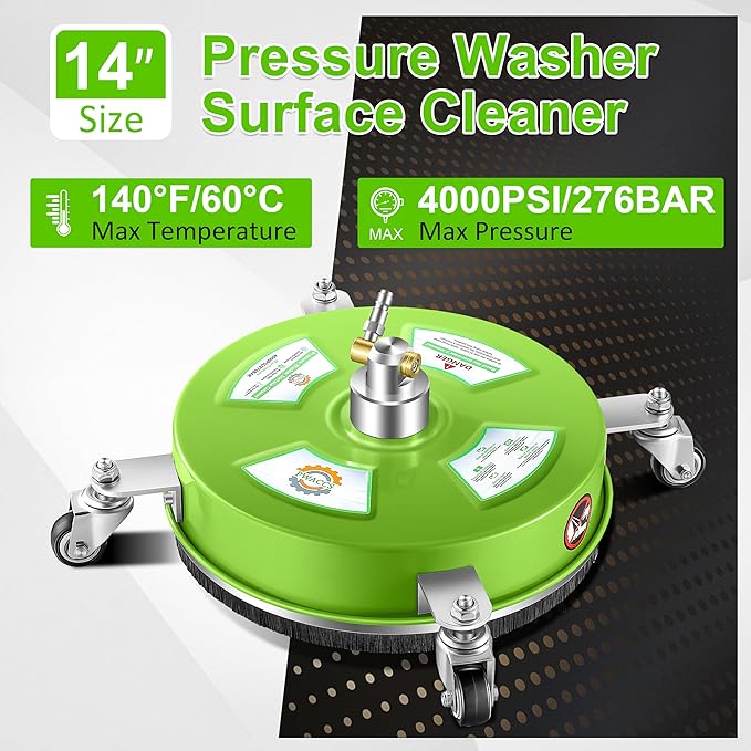 PWACCS 14" Pressure Washer Surface Cleaner, Stainless Steel Surface Cleaner for Power Washer, Pressure Washer Attachment for Cleaning Driveways, Patios, Sidewalks, and Decks, 1/4" Quick Connect