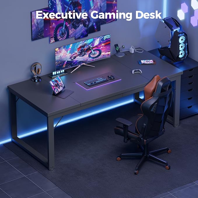 Mericonia 63 Inch Computer Desk with Power Outlets, 1.2" Thick Office Table | Modern Simple Style, Heavy Duty Industrial Frame, Large Study & Writing Table for Home Bedroom Work, Black