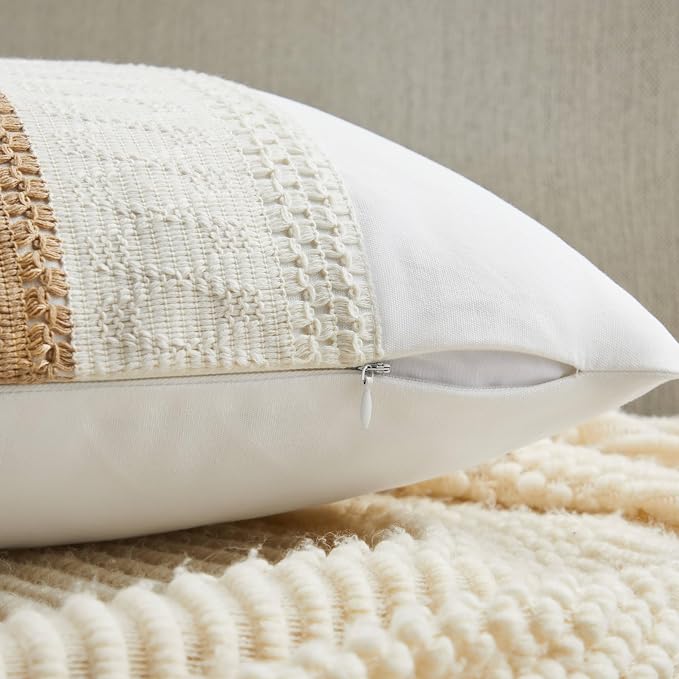 2pk Boho Pillow Covers 22x22, Natural White/Contrast/Brown | 100% Organic Cotton Body, Stripe Embroidery, Farmhouse Decorative Cushion Covers for Sofa Bed Living Room Home Decor