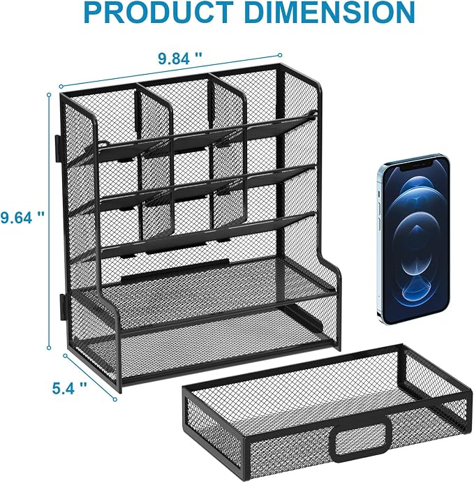 Marbrasse Larger Mesh Desk Organizer with Drawer, Multi-Functional Pen Pencil Holder, Easy Assembly, Desk Organizers and Accessories for Office Art Supplies (Black)
