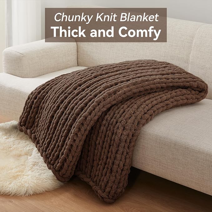 Negwoo Chunky Knit Throw Blanket, Knitted Throw Chenille Yarn, 40"*50" | Soft Thick Cable Knitted Blankets, Handmade Big Thick Blanket, Machine Washable Cute Comfy Blanket for Home Decor, Dark brown