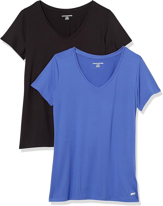 Amazon Essentials Women's Active Quick Dry Tech Stretch Short-Sleeve V-Neck T-Shirt (Available in Plus Size), Pack of 2