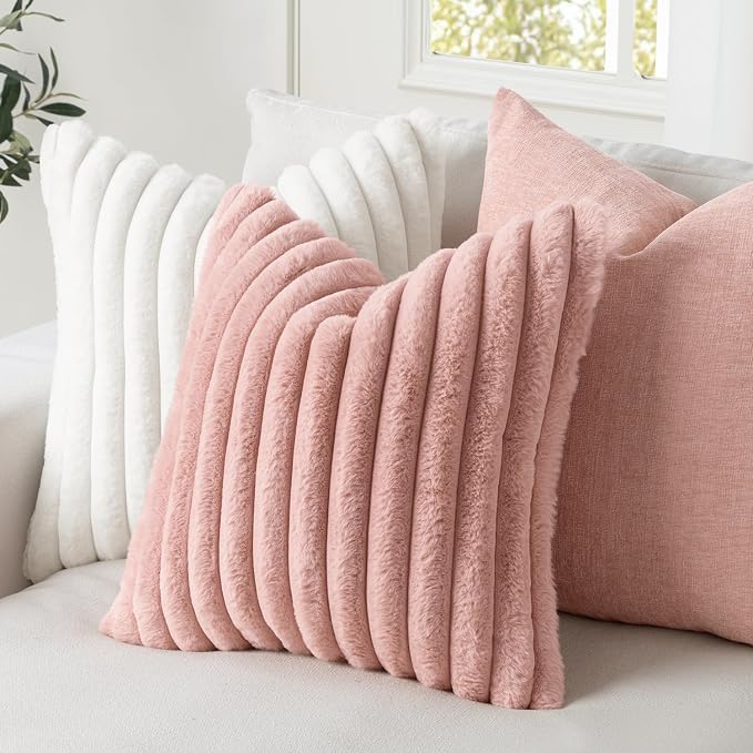 MIULEE Faux Fur Decorative Throw Pillow Covers 18x18 Set of 2 Blush Pink | Modern Cute Soft Plush Couch Pillows, Cozy Fluffy Cushion Covers for Sofa Bed Living Room Home Decor