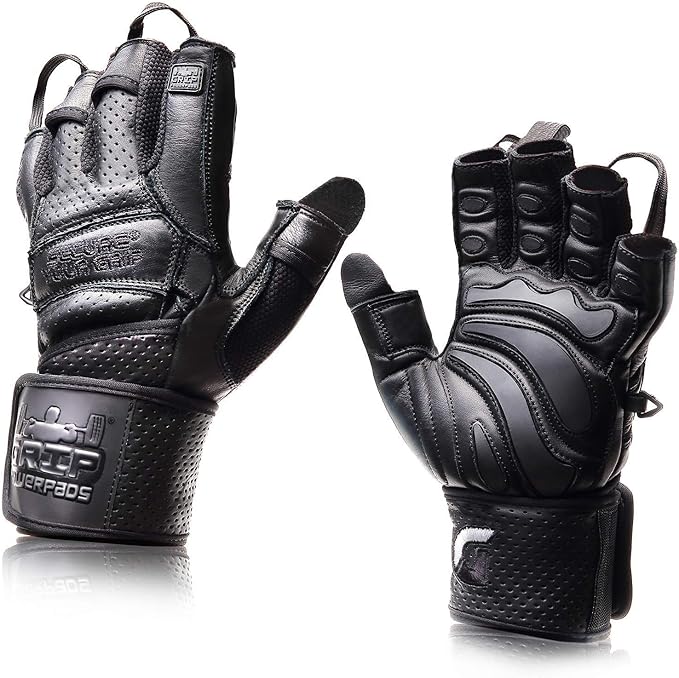 Elite Leather Gym Gloves with Built in 2" Wide Wrist Wraps Grip & Design for Weightlifting Power Lifting Bodybuilding & Strength Training Workout Exercises