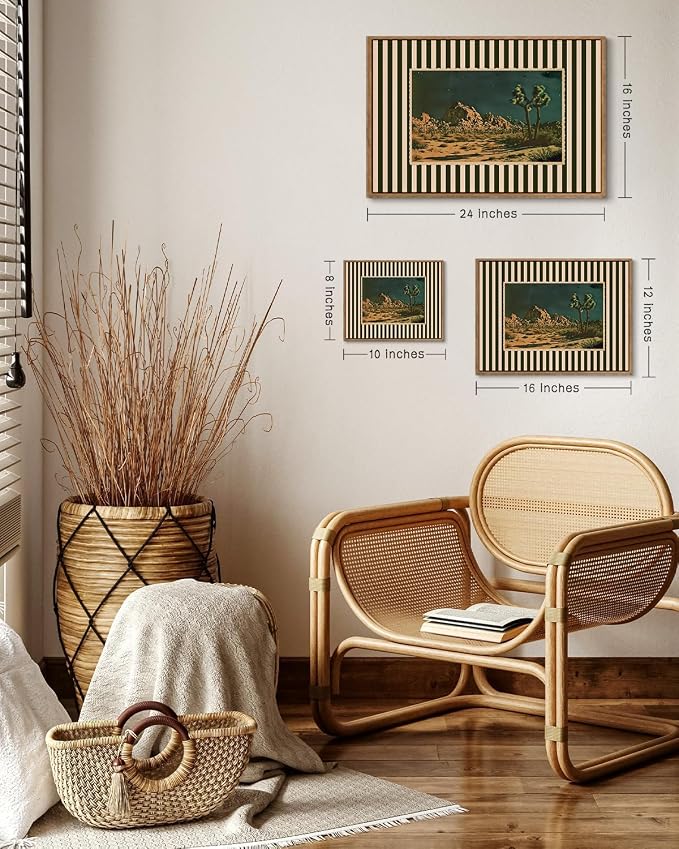 ZZLWBKGL Desert Canvas Art Boho Framed Wall Art for Living Room 16x24in | Vintage Western Artwork Southwestern Cactus Picture Mid Century Striped Paintings for Bedroom Study