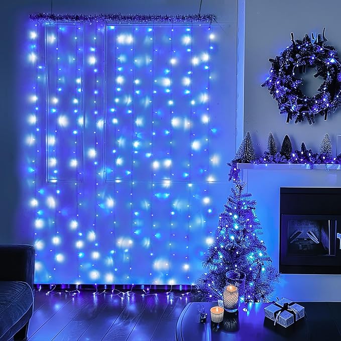 JMEXSUSS 300LED Christmas Curtain Lights Plug in with Remote, Blue and White Christmas Lights Indoor Outdoor, 8 Modes Hanging Fairy String Lights for Bedroom Window Wall Yard Patio Decor, 9.8x9.8ft