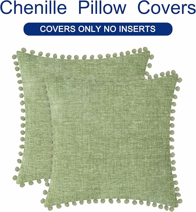 CaliTime Decorative Couch Throw Pillow Covers 20 X 20 Inches Sage | Pack of 2, Cozy Chenille Cushion Cases, with Pom Poms for Sofa Bed Living Room Farmhouse Home