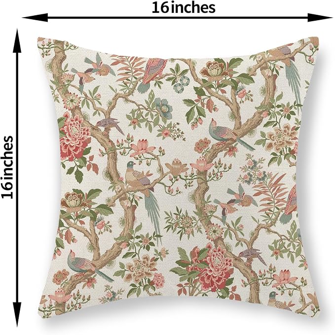 Chinoiserie Pillow Covers 16x16 Set of 2 Pink Green Bird Floral Throw Pillows Vintage Pink Flower Bird Decorative Pillow Cases Outdoor Chinoiserie Decor Farmhouse Cushion Case for Couch Sofa
