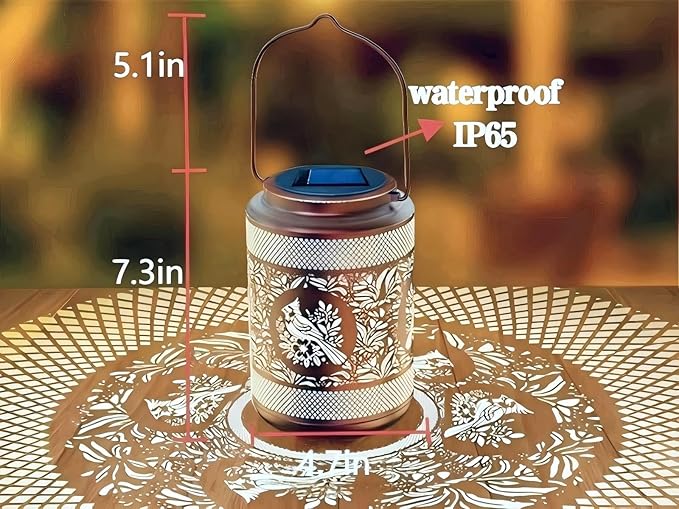 Solar Lantern with Hollow Metal Design, Garden Hanging Light, Copper Color for Outdoor Yard,Patio,Garden Decor (2)