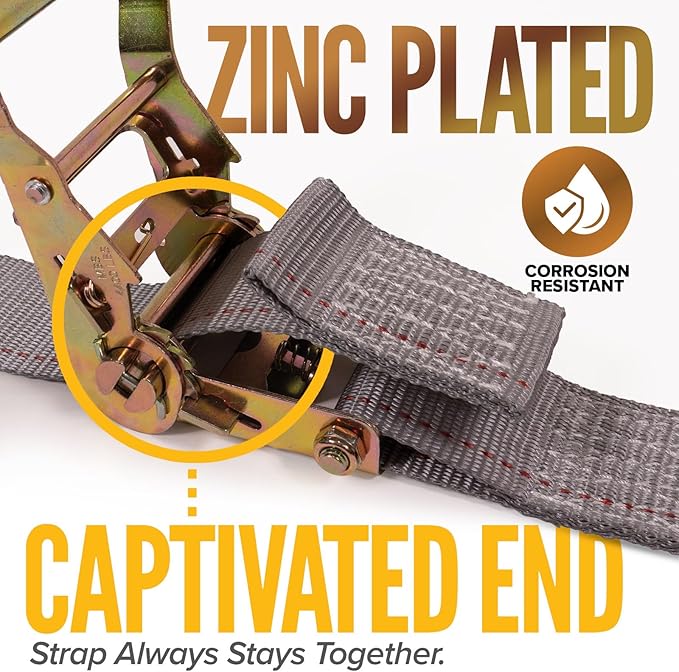 US Cargo Control Double-Fitted E Track Strap 2" x 16', 4,400 LBS Break Strength, Gray Heavy Duty E Track Ratchet Straps with 3 Spring E-Fittings, Versatile 2-in-1 Logistic Tiedowns