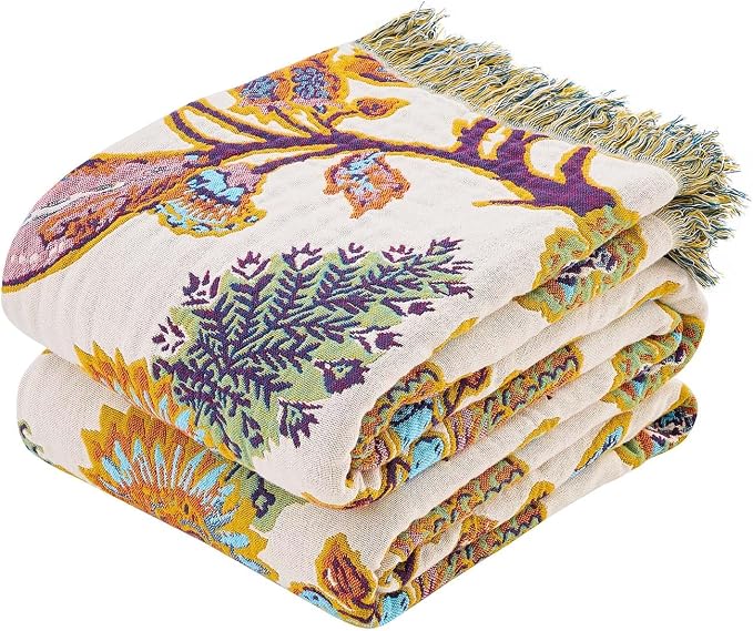 XIBLC Boho Throw Blanket for Bed, 100% Cotton Soft Rustic Quilt Fall Blanket, 50"x60" Floral Printed Farmhouse Decor Bed Blankets, All Season Rustic Reversible Bohemian Throw Quilt