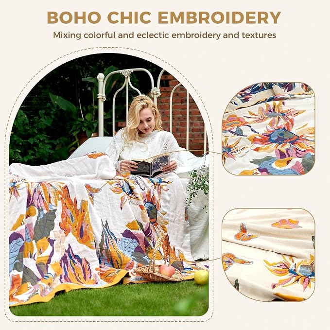 LUTBM Queen Throw Blanket for Bed, 100% Cotton Boho Breathable Summer Quilt | Reversible 90"x90" Floral Butterfly Blankets, Soft All-Season Lightweight Bedspread, For Chair Sofa Couch Bedroom, Home Decor