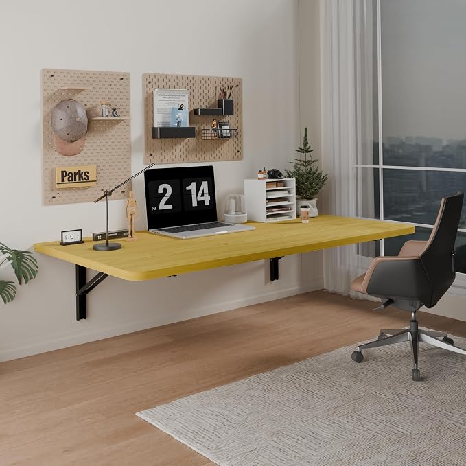 IAE 36x22in Floating Fold Desk,Wall-Mounted Folding Computer Table,Natural | Study Table with Shelf Brackets,Foldable Down Shelf with Engineered Wood,Fold Computer Desk for Small Apartment,Holds 504 lb
