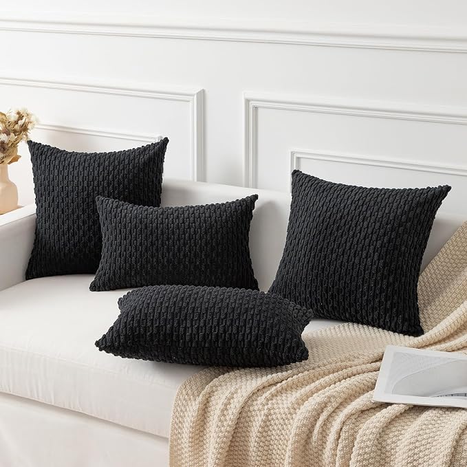 Kevin Textile Soft Corduroy 16"x24" Lumbar Pillow Cover 1 Pack, Black | Boho Stripe Plush Corduroy Decorative Oblong Cushion Cover Modern Farmhouse Home Decor for Sofa Couch Bed Chair