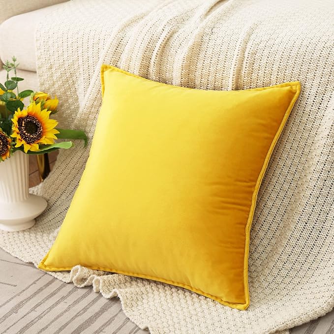 Velvet Yellow Throw Pillow Covers 22”x22”Pack of 2 Soft Decorative | Square Cushion Covers for Couch Sofa Bed Livingroom Car Home Decor,55x55Cm