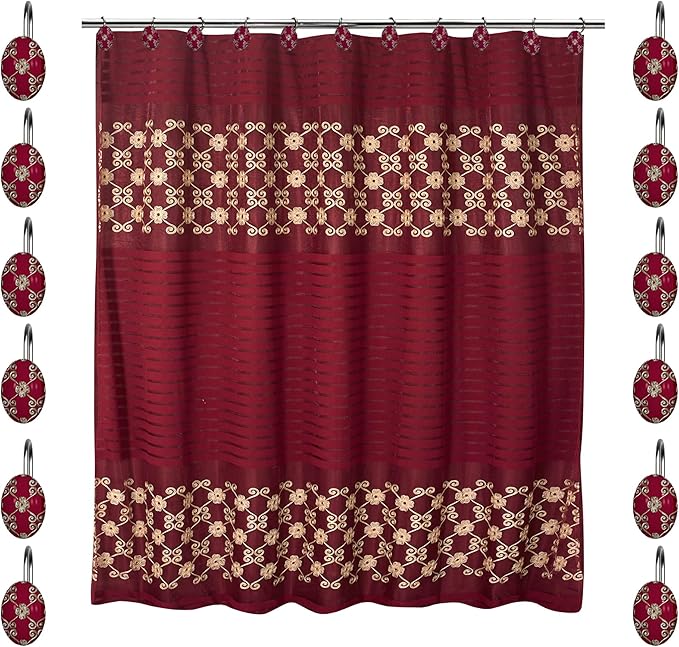 Zahari Home 13pc Elegant Rose Bathroom Shower Curtain Sets Elegant Shower Curtain & 12 Shower Curtain Rings Contemporary Decor Burgundy Shower Curtain Unique Design Stylish Shower Accessories