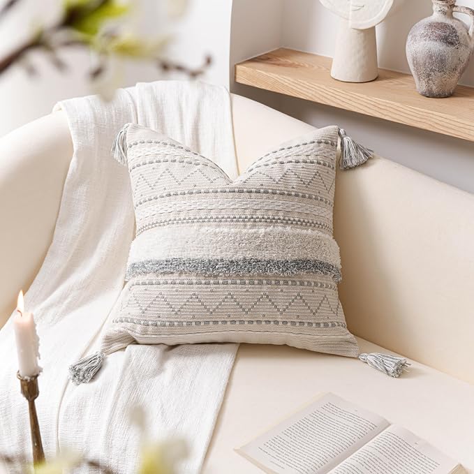 20X20 Throw Pillow Cover, Cream Neutral Square Decorative Cushion Cover with Gray Pattern, Boho Accent Pillowcase with Tufted Details and Tassels for Couch Sofa Living Room (Cover Only)