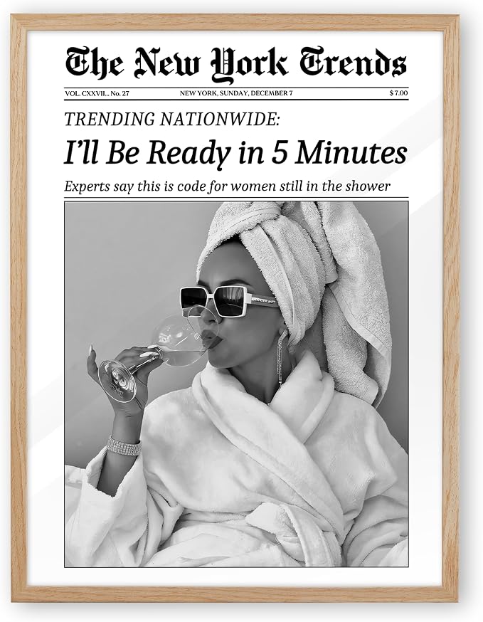 EcoHest Small 8x10 in I'll Be Ready in 5 Minutes Newspaper Framed Wall Art | Natural Oak Wood Frame with Canvas Wall Art, Feminist Newspaper Wall Decor for Bathroom, Bedroom, Apartment, Dorm Room, 1Pack