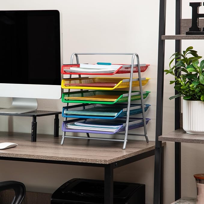 Mind Reader 5-Tier Paper Tray Organizer with Multicolor Trays, Classroom File Organizer for Teachers, Metal Mesh, Assorted Colors
