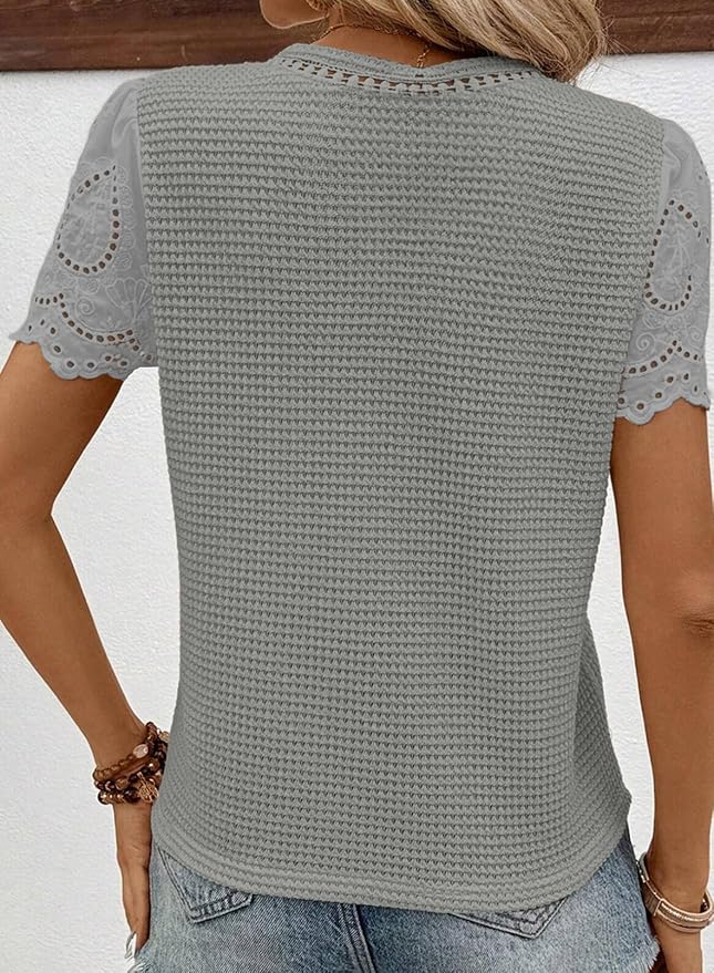 SHEWIN Womens Frenchy Summer Tops Crewneck Short Sleeve T Shirts Casual Waffle Knit Jacquard Blouses Top Shirts