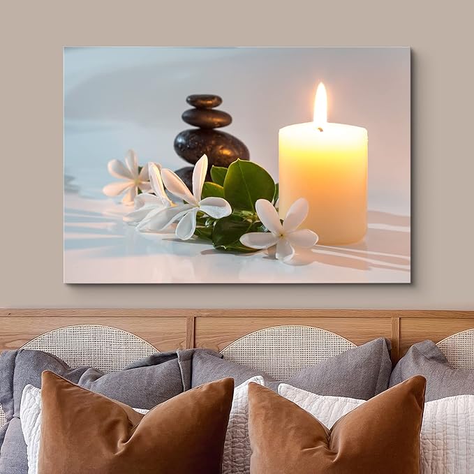 wall26 Canvas Print Wall Art Tiare Flowers with Candle and Zen Stone Nature Wilderness Photography Chic Scenic Colorful Rustic Ultra for Living Room, Bedroom, Bathroom, Office - 12"x18"