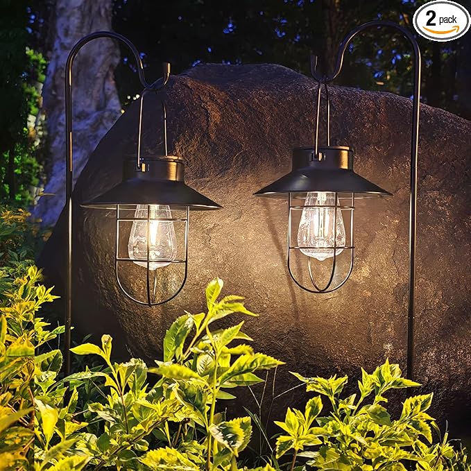 Solar Lantern 2pack Outdoor Hanging Light- Waterproof Vintage Metal Light with Shepherd Hook Decorative for Patio, Backyard, Porch, Yard (Black)