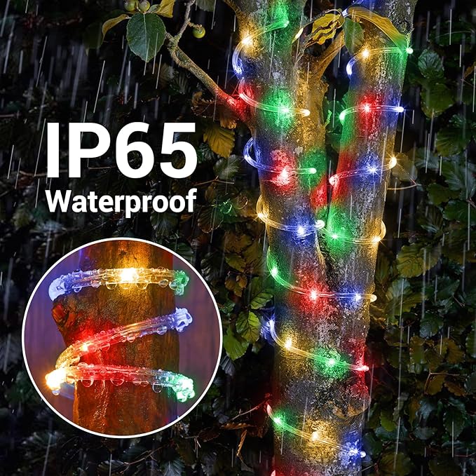 Solar Rope Lights, 66ft 200LED Solar String Lights, 8 Modes Waterproof Solar Powered Outdoor Light, Flexible Clear Tube Light for Garden, Backyard, Patio, Deck, Porch, Pool, Tree Decor - Multicolor