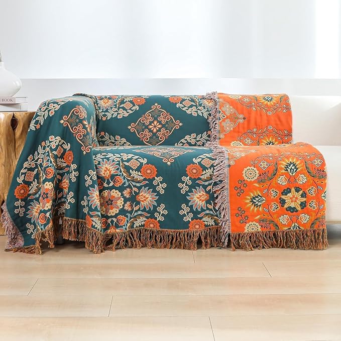 Boho Throw Blanket for Chair, 100% Cotton Woven Rustic Quilt with Tassel 50”x60”, Super Soft Muslin Blanket with Floral, Decorative Reversible Bed Blanket/Sofa Cover for All Seasons- Orange