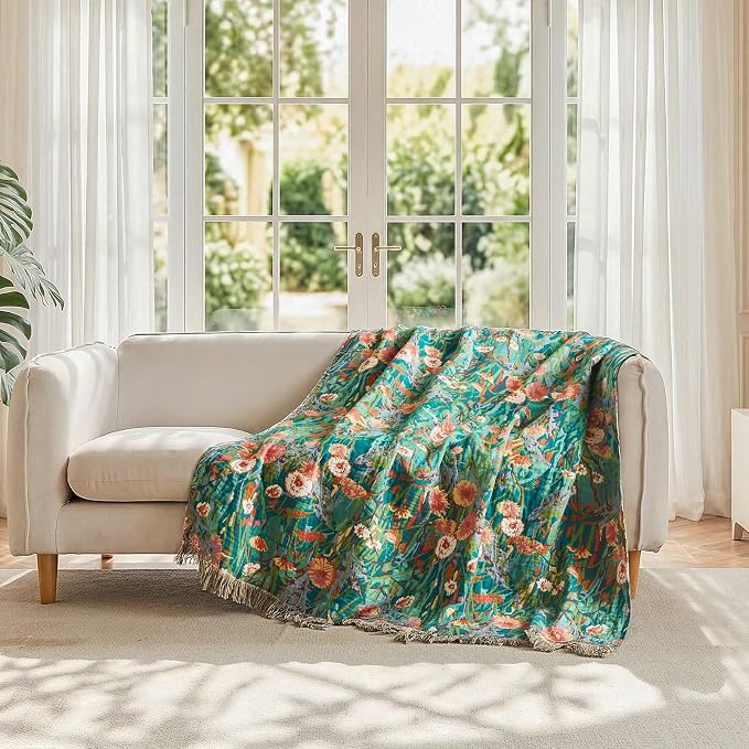 LUTBM Cotton Boho Blanket for Bed, Queen Soft Lightweight Reversible Quilt | 90"x90" Floral Embroidery Blankets, All-Season Bedspread, For Chair Sofa Couch Bedroom Living Room Decor, Breathable Gauze