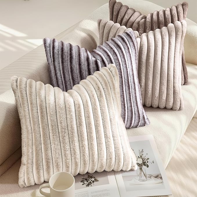 decorUhome Fall Faux Fur Throw Pillow Covers 22x22 Set of 2 Light Coffee | Decorative Soft Cozy Striped Plush Modern Farmhouse Boho Couch Pillow Cases Velvet Back for Sofa Bed Living Room Home Decor