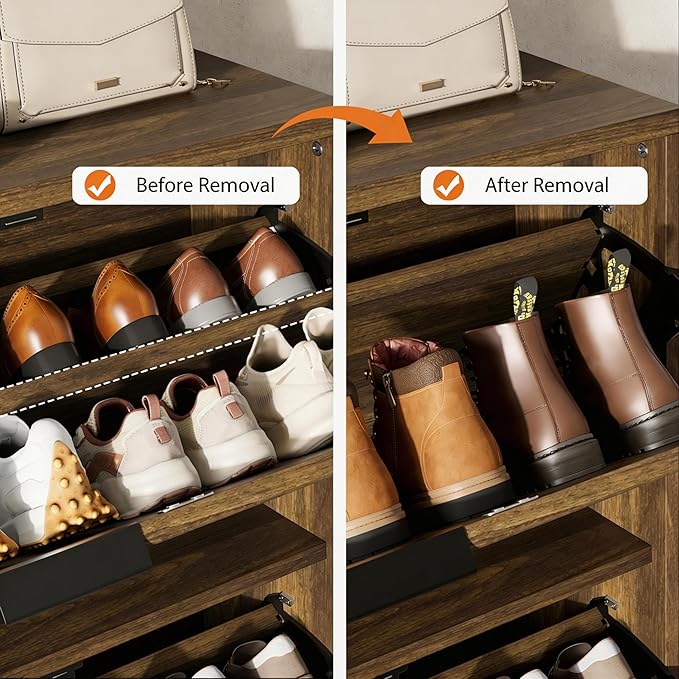 Garvee Shoe Storage Cabinet for Entryway, Fluted Shoe Cabinet with 2 Flip Drawers Doors, 32" Wide Hidden Shoe Rack Tall Freestanding Shoe Organizer for Entrance, Hallway, Living Room, Walnut