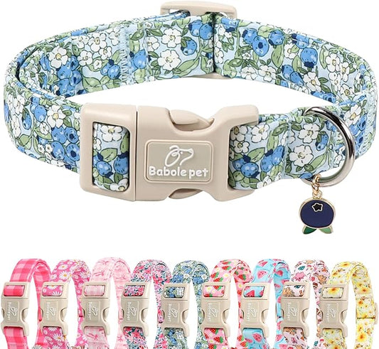 Blueberry Pattern Dog Collar, Cute Light Blue Spring Summer Puppy Collar - Soft Adjustable Designer Dog Collars for Small Medium Large Dogs L