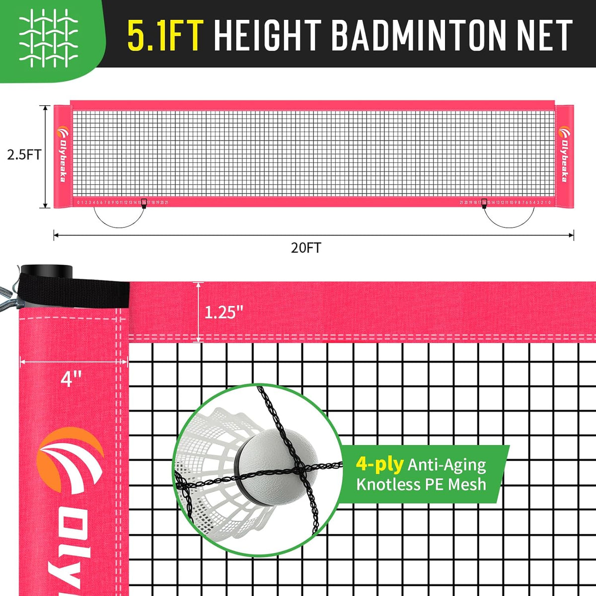 Outdoor Badminton Net Set - 20x3ft Anti-Sag Net, 4 Aluminum Rackets & 3 Shuttlecocks | Portable Family Fun