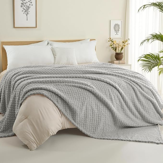 Exclusivo Mezcla Soft Fleece Queen Size Blanket for Bed, Light Grey | Jacquard Lightweight Cozy Bed Blanket, Breathable Decorative Fuzzy Textured All Season Use, 90x90 Inches