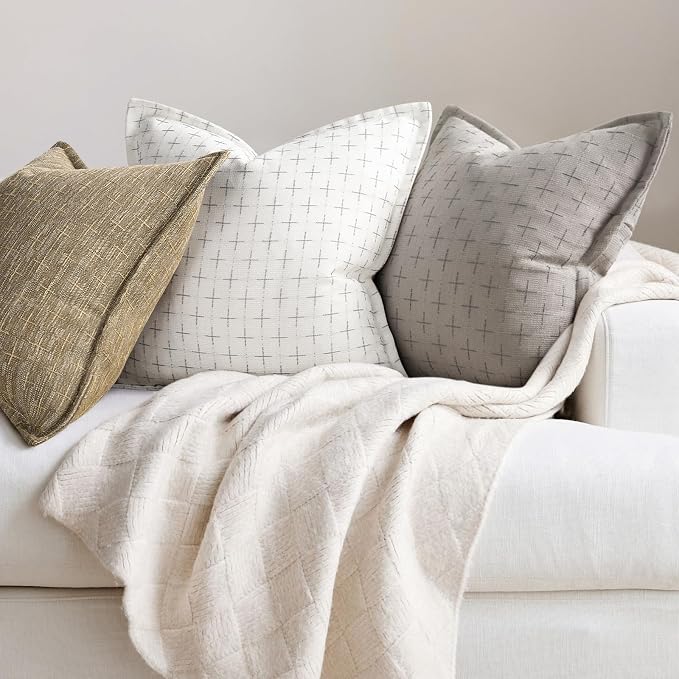 Pillow Covers 18x18 Set of 2 Soft Polyester Textured Pillow Covers with Stylish Flange Edge Cozy Farmhouse Throw Pillows for Couch Bed Sofa Living Room