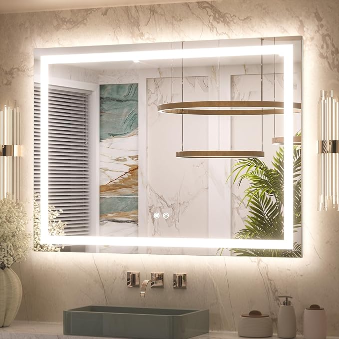 Keonjinn LED Mirror for Bathroom 40 x 30 Inch, Frontlit & Backlit Bathroom Vanity Mirror with 3 Color Lights, Lighted Bathroom Mirror with Anti-Fog, HD Tempered Glass, UL-Listed LED Driver, CRI90+