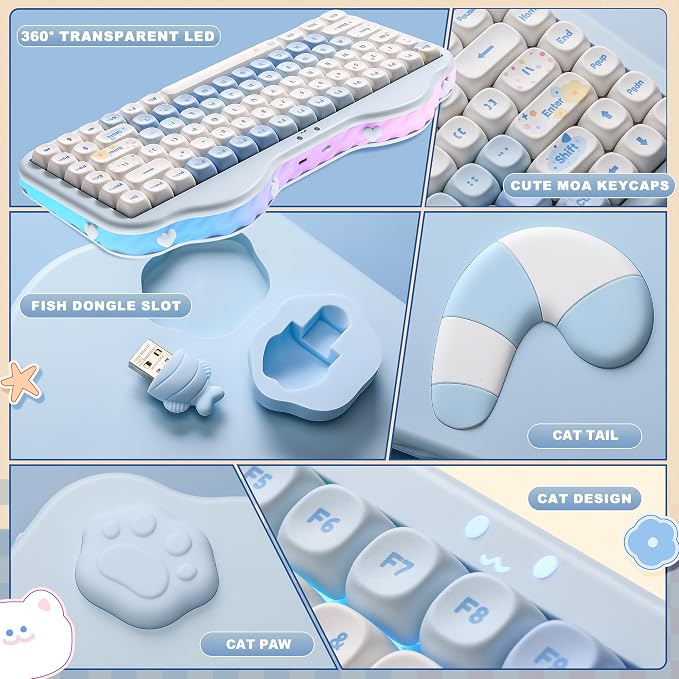 YUNZII C75 Cute 75% Wireless Mechanical Keyboard (Blue, Candy Switch) | Creamy Cake Keyboard, BT5.0/2.4G/USB-C, Hot-Swap, NKRO, PBT MOA Keycaps,5500mAh RGB Gasket Mount for Mac/Win/Gaming/Office