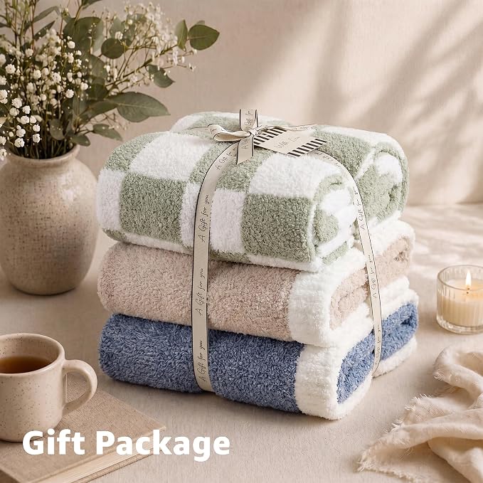 Soft Twin Size Checkered Blanket for Bed-Cozy Knitted Blankets | Lightweight Fluffy Warm Decor for Women, Mom, Her & Girls, Sofa, Chair, Couch, 60x80in,Light Grey